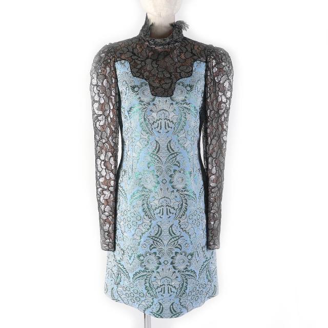 【ドンドン見直し】未使用品△LANVIN ランバン 袖レース 総柄デザイン 長袖 ハイネック ドレス ワンピース 36 正規品 定価542300円