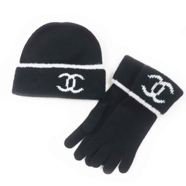 未使用品◎CHANEL シャネル カシミヤ混 ココマーク ニットグローブ／ニットキャップ 2点セット ブラック ホワイト 箱付 イギリス製 正規品