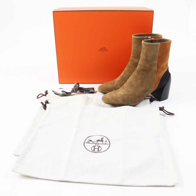 美品◎HERMES エルメス BROOKE ブルーク スウェードレザー ショートブーツ マルチ 37 箱・保存袋付 イタリア製 レディース_1
