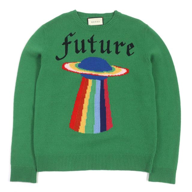 美品□GUCCI グッチ 474695 ウール100％ プラネット インターシャ ロングスリーブ ニット セーター グリーン S イタリア製 正規品 メンズの通販は