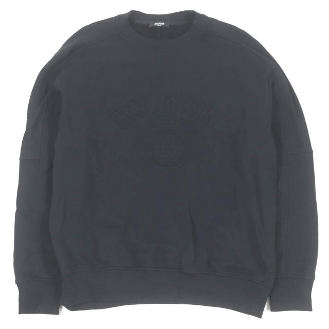 美品□BALMAIN バルマン コットン100％ ロゴエンボス クルーネック ロングスリーブ トレーナー スウェットシャツ ブラック S メンズ