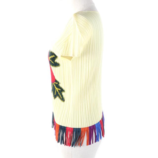 極美品★PLEATS PLEASE プリーツプリーズ イッセイミヤケ PP91-JK572 ハイビスカス 裾フリンジ フレンチスリーブ カットソー 3 正規品 極美品☆PLEATS PLEASE プリーツプリーズ イッセイミヤケ PP91