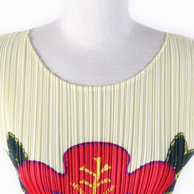 極美品★PLEATS PLEASE プリーツプリーズ イッセイミヤケ PP91-JK572 ハイビスカス 裾フリンジ フレンチスリーブ カットソー 3 正規品 極美品☆PLEATS PLEASE プリーツプリーズ イッセイミヤケ PP91