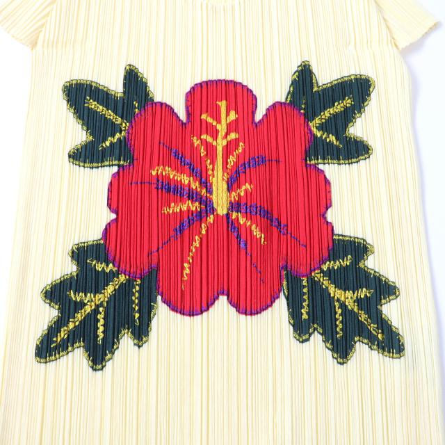 極美品★PLEATS PLEASE プリーツプリーズ イッセイミヤケ PP91-JK572 ハイビスカス 裾フリンジ フレンチスリーブ カットソー 3 正規品 極美品☆PLEATS PLEASE プリーツプリーズ イッセイミヤケ PP91