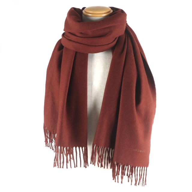 HERMES◇エルメス/ロゴ刺繍マフラー/カシミア100/レッド/フリンジ