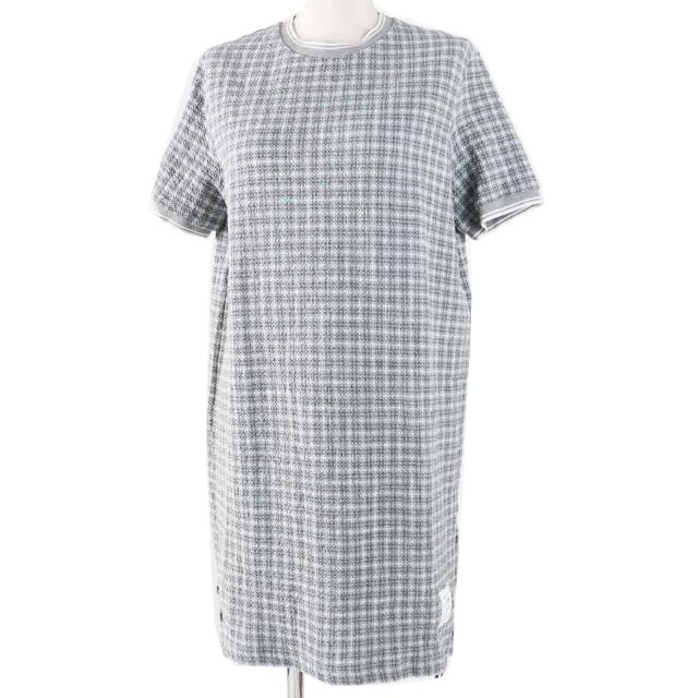 極美品◎THOM BROWNE トムブラウン 24SS FJD105A チェック柄 ツイード 半袖 ワンピース グレー ホワイト 40 イタリア製 正規品 レディース