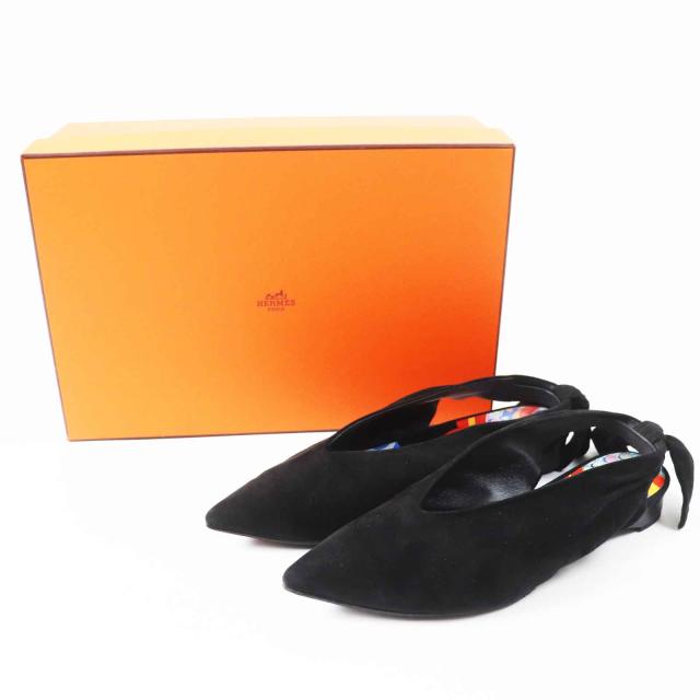美品◎HERMES エルメス 2022年製 221013Z バックリボン ポインテッドトゥ ローヒール スウェードレザー パンプス ブラック 36 箱付 伊製_1