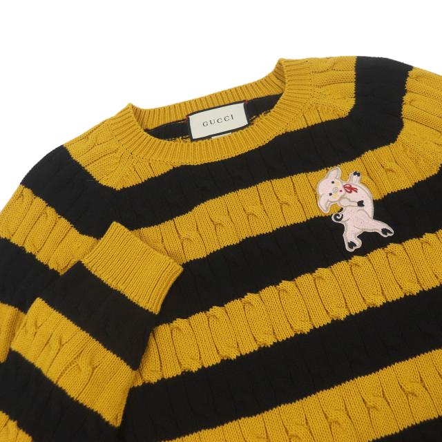 極美品□GUCCI グッチ 545709 コットン100％ ボーダー アニマルワッペン ニット セーター イエロー ブラック S イタリア製 正規品 メンズ_1