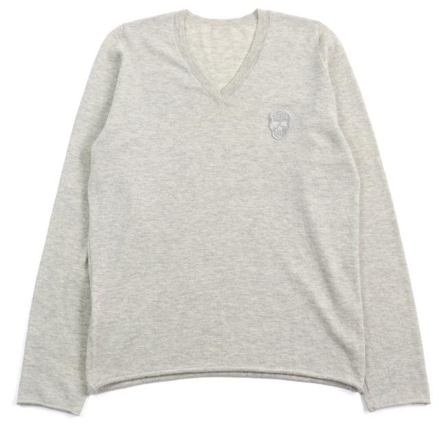 美品○Lucien Pellat-Finet ルシアンペラフィネ カシミヤ100% スワロスカル Vネック ロールヘム ニット セーター グレー M 正規品 メンズ