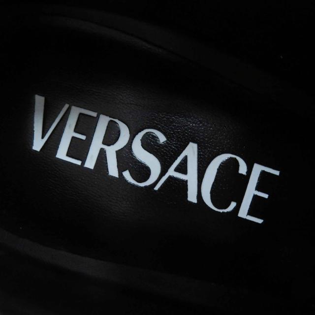 極美品◎VERSACE ヴェルサーチ メデューサ金具 チャンキーヒール プラットフォーム レザー パンプス ブラック ゴールド金具 37.5 伊製_6