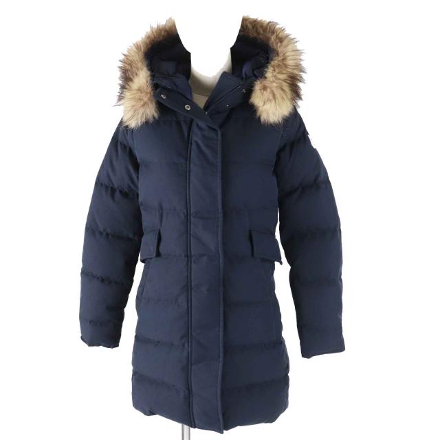 美品◎Pyrenex ピレネックス GRENOBLE グルノーブル ワッペン・ラクーンファー・フード付き ダウンコート ネイビー 34 正規品 レディース