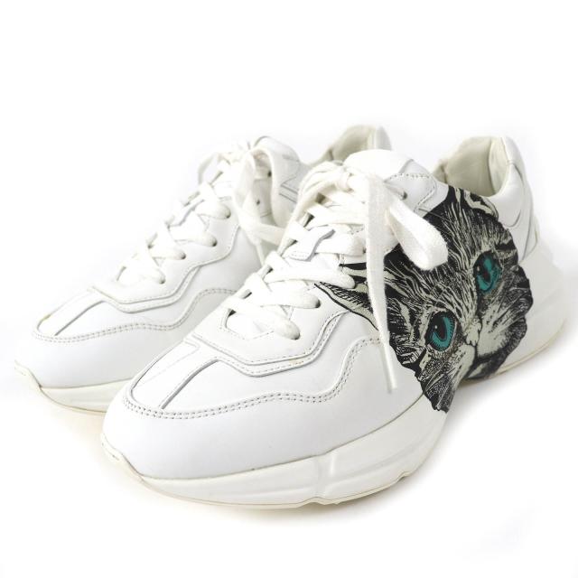 美品△GUCCI グッチ 58337 ミスティックキャット レザー スニーカー ホワイト ブラック グリーン イエロー 38 保存袋付 伊製 レディースの通販は