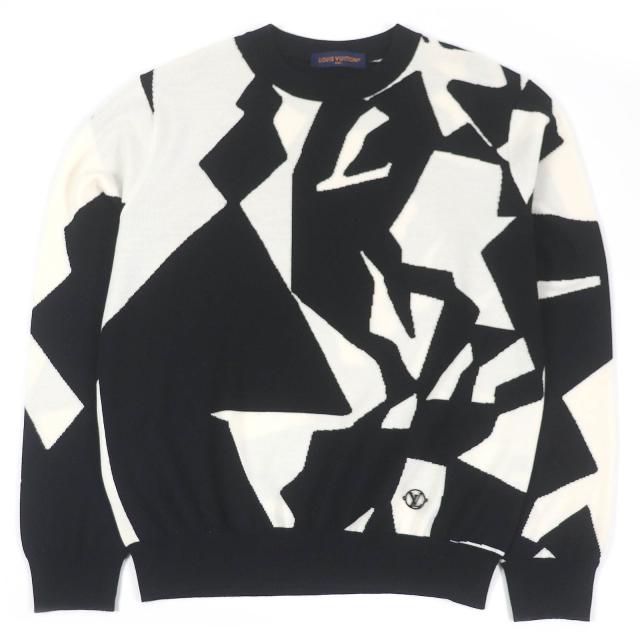 極美品□LOUIS VUITTON 23SS 1AAU2Y LVアブストラクト ハウンドトゥース LVロゴ金具 薄手 ニット セーター L イタリア製 正規品 メンズ