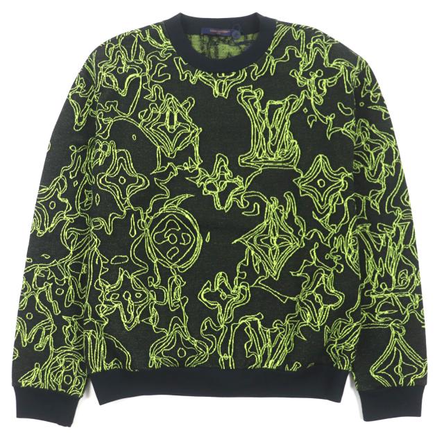未使用品▼ルイヴィトン 23AW ウェイビーモノグラム コットン クルーネック ジャガードニット セーター ブラック ライム L 正規品 メンズ
