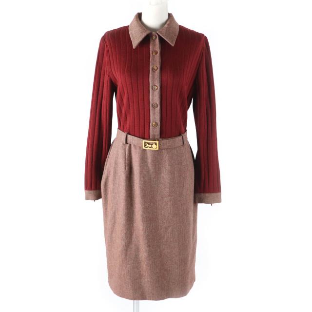 美品★CELINE セリーヌ ヴィンテージ ウール100％ ロゴボタン・ベルト付 ドッキング ワンピース レッド系 40 伊製 正規品 レディースの通販は 32,175円