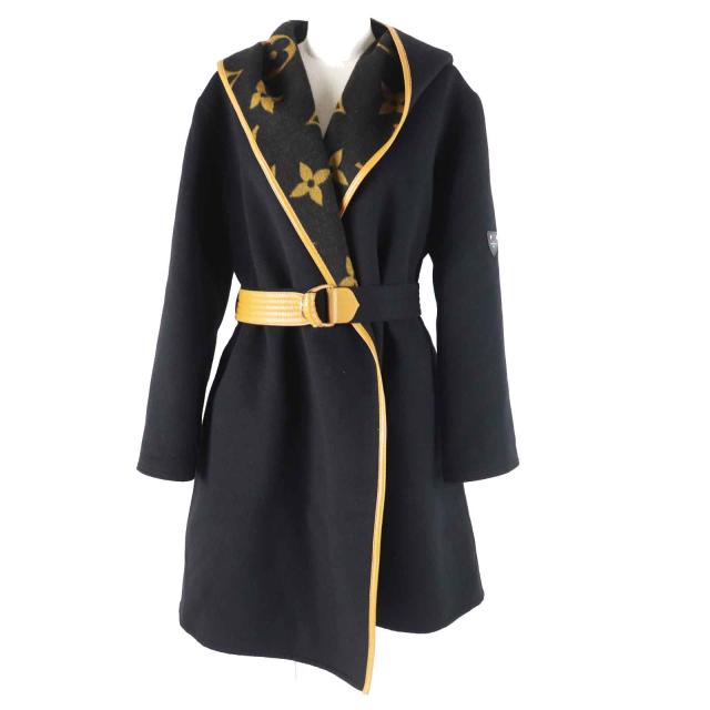 極美品◎LOUIS VUITTON ルイヴィトン ウール シルク ジャイアントモノグラム フーデッド ラップコート ブラック ブラウン 38　レディース