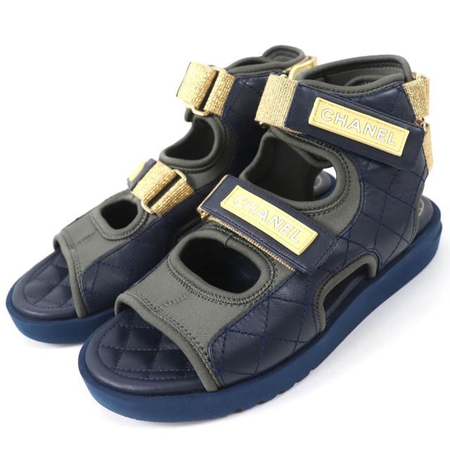 極美品△CHANEL シャネル 21P G37231 Y55209 ココマーク マトラッセ レザー スポーツサンダル ネイビー グレー イエロー ゴールド 36の通販は 48,180円