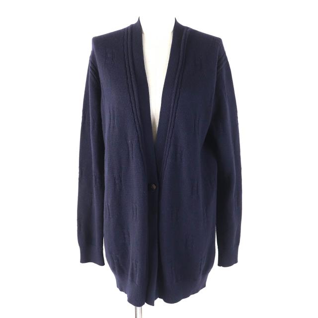 美品△HERMES エルメス ウール100％ H柄 セリエボタン Vネック オーバーシルエット 長袖 ニット カーディガン ネイビー 38 伊製 正規品