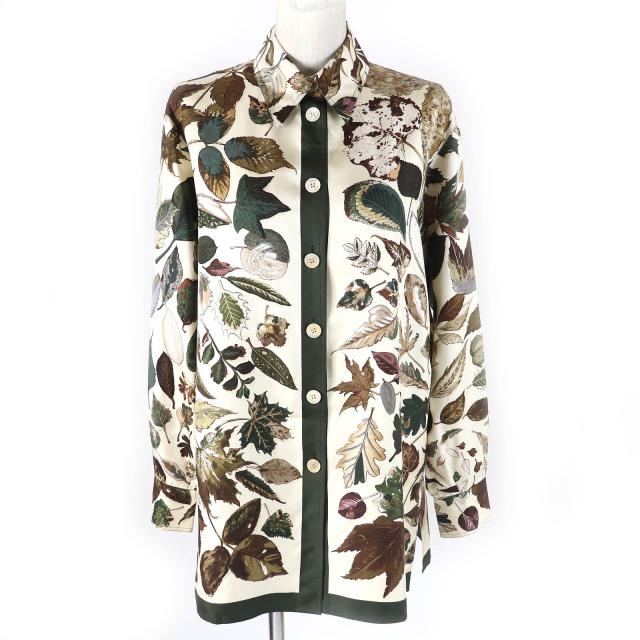 美品△HERMES エルメス ヴィンテージ Tourbillon 渦巻き シルク100% マルジェラ期 落ち葉 総柄 長袖シャツ 茶 カーキ ベージュ 38 正規品