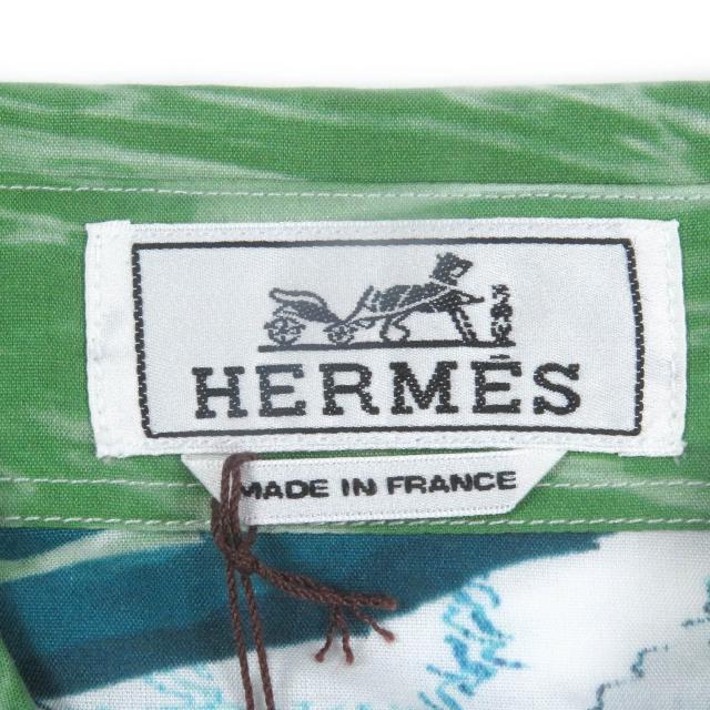 極美品□HERMES エルメス コットン100％ Tatersale Remix Bis 総柄 袖セリエボタン 長袖シャツ ブルー系 38 フランス製 正規品 メンズ_5