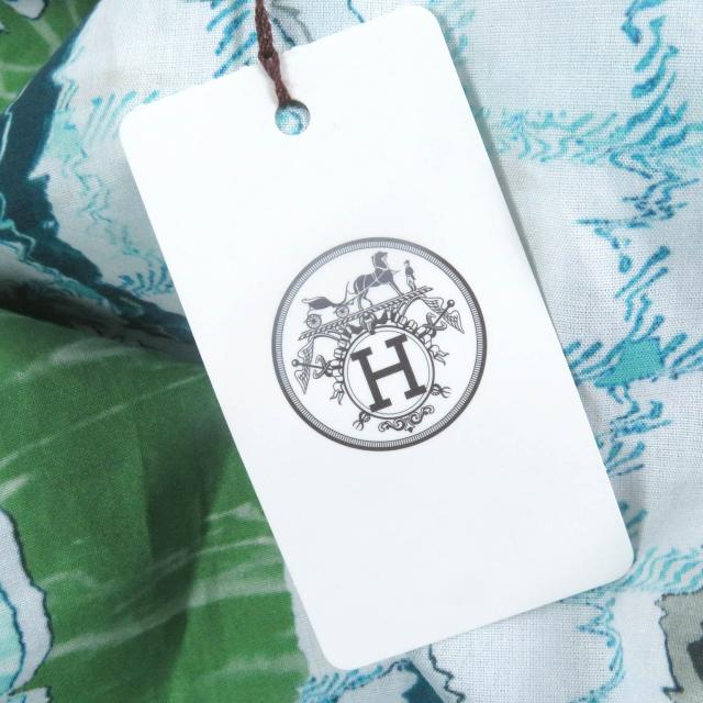 極美品□HERMES エルメス コットン100％ Tatersale Remix Bis 総柄 袖セリエボタン 長袖シャツ ブルー系 38 フランス製 正規品 メンズ_9