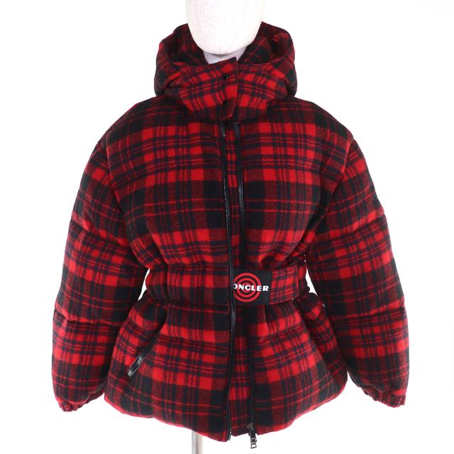 極美品□MONCLER モンクレール 19-20AW DANUBE GIUBBOTTO ウール チェック柄 ダウンジャケット レッド ブラック 0 正規品 レディース_1