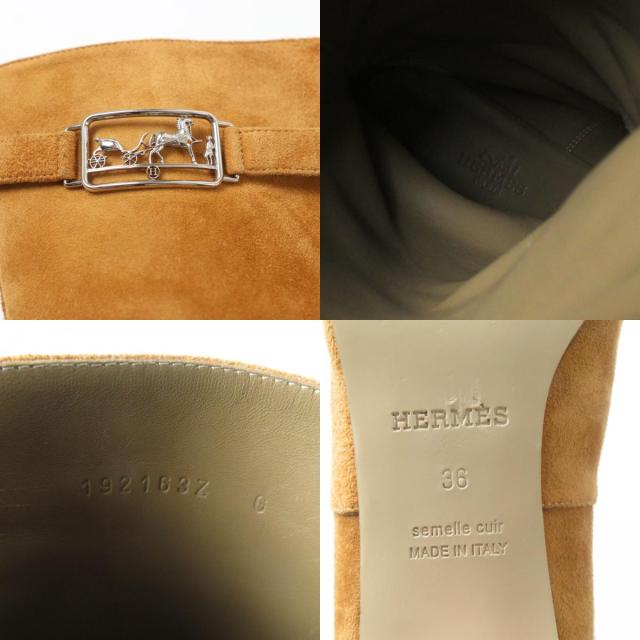 美品★HERMES エルメス ヴェルサイユ カレーシュ金具付 スクエアトゥ スウェードレザー ロングブーツ ライトブラウン 36 袋付 レディース_8