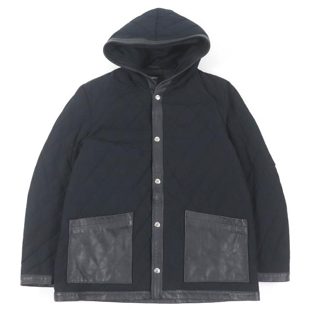 極美品□EMMETI エンメティ 羊革 ラムレザーパイピング フーデッド 中綿 キルティングジャケット ブラック 48 イタリア製 正規品 メンズ