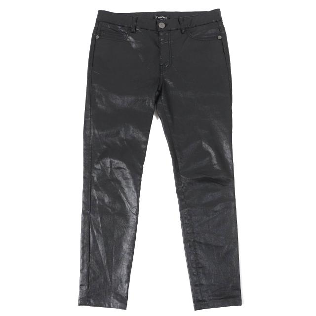 美品△CHANEL シャネル P50636 ココマークボタン コーティングパンツ テーパードパンツ ブラック系 40 イタリア製 正規品 レディース