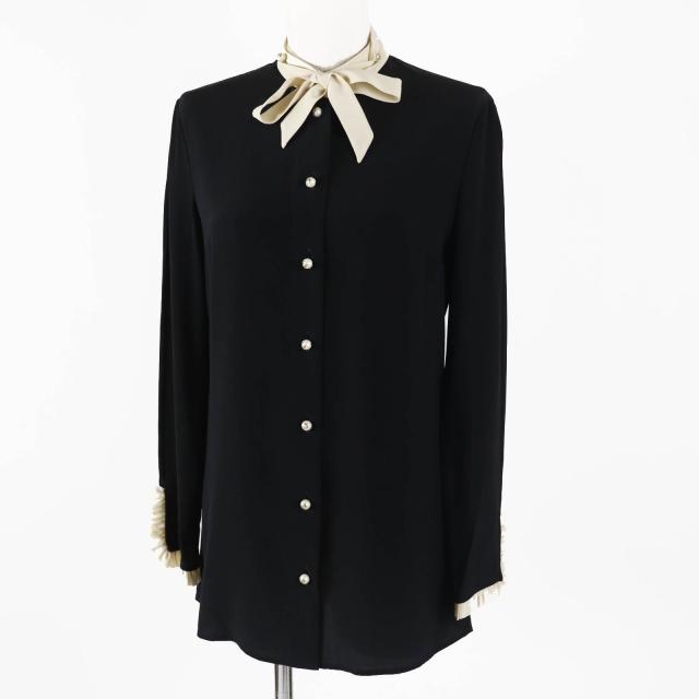 良品◎GUCCI グッチ 454688 シルク GGパール リボンタイ 長袖 フリルシャツ／ブラウス ブラック ベージュ 38 伊製 正規品 レディースの通販は