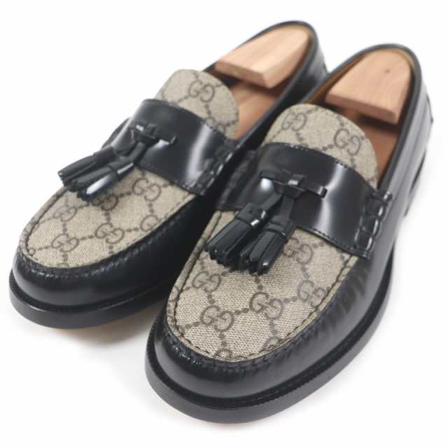 未使用品□GUCCI グッチ 673817 GGキャンバス レザー タッセルローファー モカシン ベージュ ブラック 5.5 保存袋付き イタリア製 メンズの通販は