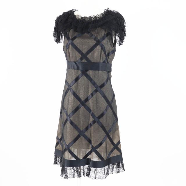 美品◎CHANEL シャネル ヴィンテージ 07P P30570 シルク100％ ココマーク付き レース使い ワンピース ブラック ベージュ 38 フランス製