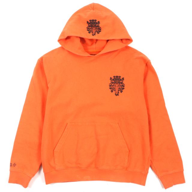 人気▼CHROME HEARTS クロムハーツ コットン100% ヴァインダガープリント プルオーバー パーカー オレンジ L USA製 正規品 メンズ