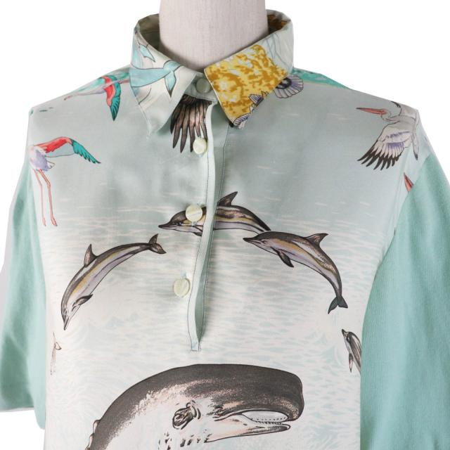 美品◎HERMES エルメス ヴィンテージ La Vie Precieuse de la Mediterranee 地中海の貴重な命 シルクHボタン 半袖ツイルレーヌトップス M_2