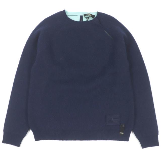 未使用品□FENDI フェンディ 2022年製 FZX110 カシミヤ FFロゴ ズッカ ワッペン ニットセーター ネイビー 46 イタリア製 正規品 メンズ