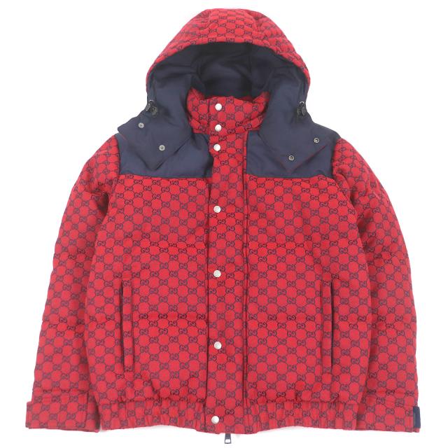 極美品□GUCCI グッチ 23AW 762559 GGキャンバス ロゴ総柄 フーデッド ダウンジャケット レッド 44 ハンガー付 イタリア製 正規品 メンズ