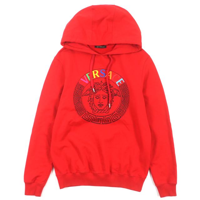 美品▼VERSACE ヴェルサーチ コットン100% メデューサプリント ロゴ刺繍 フーディ プルオーバー パーカー レッド S 伊製 正規品 メンズ