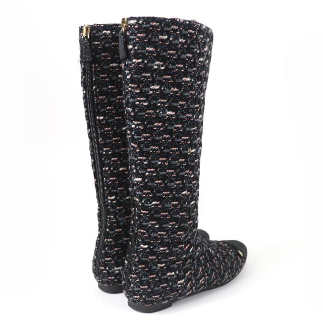 美品☆CHANEL シャネル G27884 ココマーク バックZIP ツイード フラット ロングブーツ マルチカラー 35.5 イタリア製 レディース_1