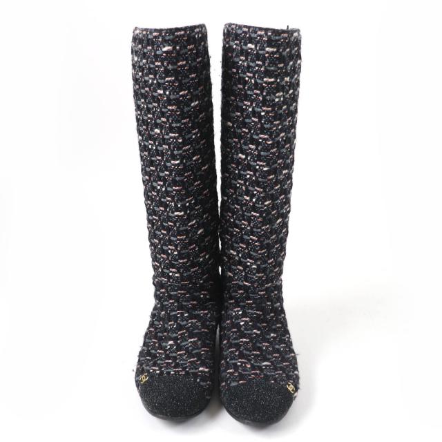 美品☆CHANEL シャネル G27884 ココマーク バックZIP ツイード フラット ロングブーツ マルチカラー 35.5 イタリア製 レディース_2