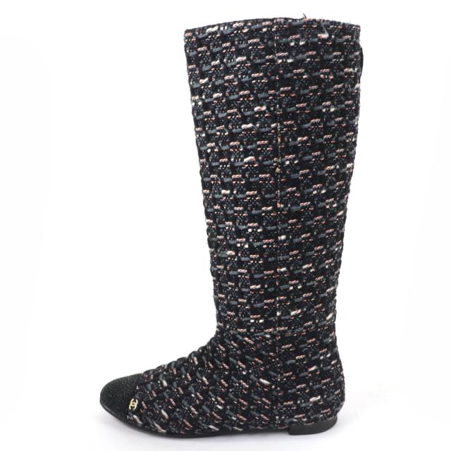美品☆CHANEL シャネル G27884 ココマーク バックZIP ツイード フラット ロングブーツ マルチカラー 35.5 イタリア製 レディース_3