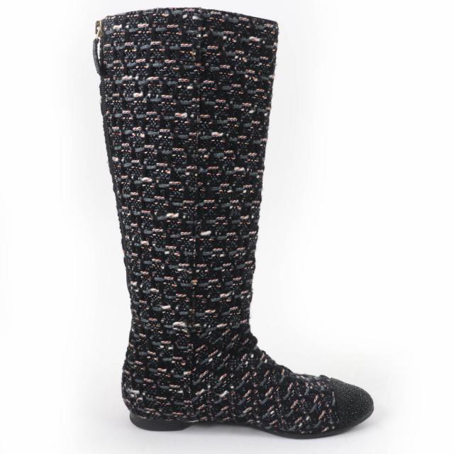 美品☆CHANEL シャネル G27884 ココマーク バックZIP ツイード フラット ロングブーツ マルチカラー 35.5 イタリア製 レディース_4