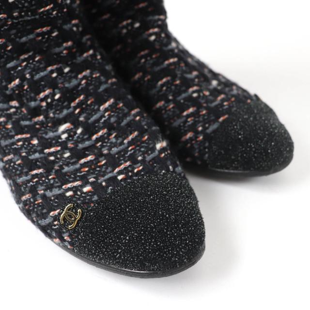 美品☆CHANEL シャネル G27884 ココマーク バックZIP ツイード フラット ロングブーツ マルチカラー 35.5 イタリア製 レディース_6
