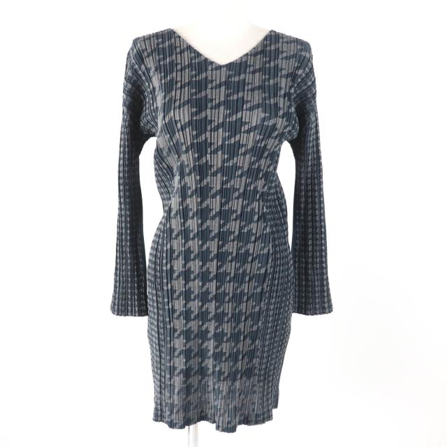 美品☆PLEATS PLEASE プリーツプリーズ イッセイミヤケ PP53-JT626 千鳥格子柄 Vネック 長袖 ワンピース チャコールグレー 3 正規品