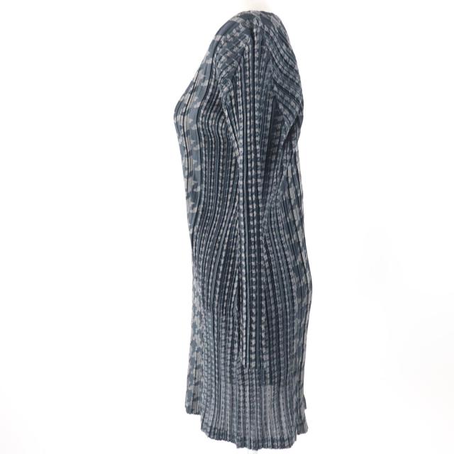 美品☆PLEATS PLEASE プリーツプリーズ イッセイミヤケ PP53-JT626 千鳥格子柄 Vネック 長袖 ワンピース チャコールグレー 3 正規品_1