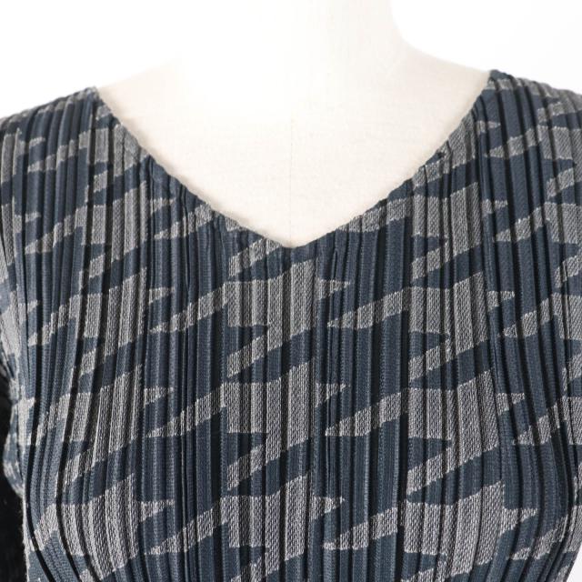 美品☆PLEATS PLEASE プリーツプリーズ イッセイミヤケ PP53-JT626 千鳥格子柄 Vネック 長袖 ワンピース チャコールグレー 3 正規品_3