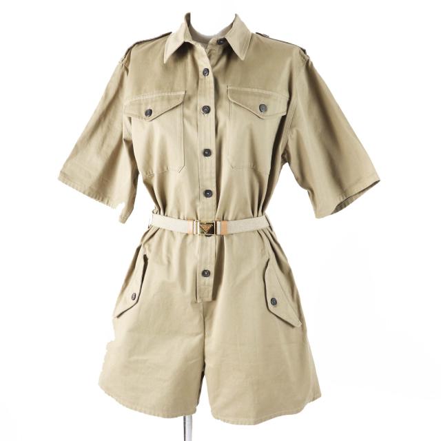 極美品◎PRADA プラダ 2023年製 P293HT コットン トライアングルロゴベルト付 半袖 オールインワン／ジャンプスーツ ベージュ系 36 正規品