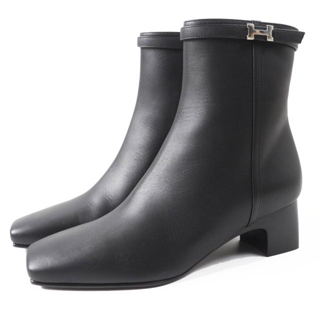 未使用品◎HERMES エルメス オマージュ シルバー金具 Hバックル レザー ショートブーツ ブラック 36 箱・保存袋付 イタリア製 レディース