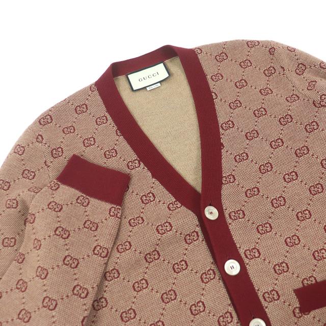 極美品□GUCCI グッチ 20AW 572631 ウール GGジャガード ロゴ総柄 ニットカーディガン セーター ボルドー S イタリア製 正規品 メンズ