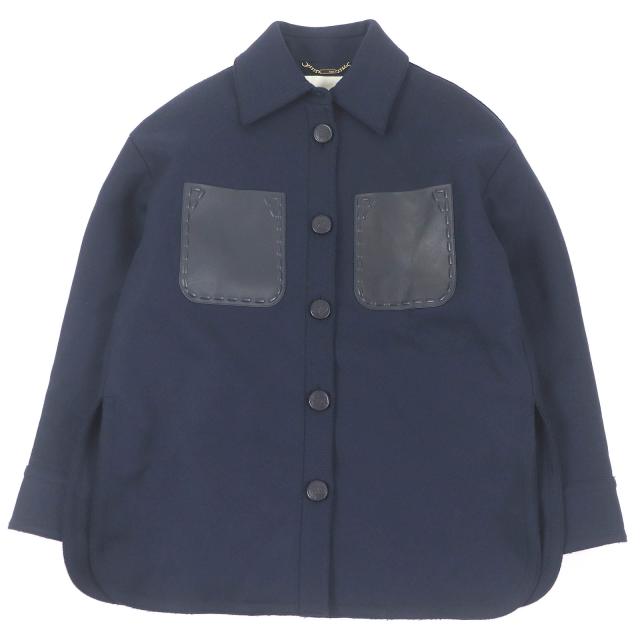 未使用品□FENDI フェンディ 2021年製 FJ7235 ウール ラムレザーポケット ロゴボタン シャツジャケット ネイビー 38 イタリア製 正規品