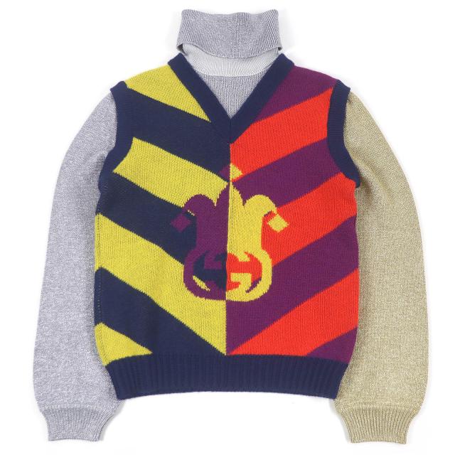 極美品□GUCCI グッチ 724770 GGロゴジャガード ドッキングデザイン タートルネック セーター マルチカラー S イタリア製 正規品 メンズ